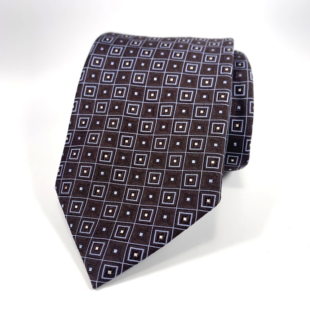 Tommy Hilfiger‎ Mens Tie Brown w/ Blue & White Geometric Pattern 100% Silk Repp